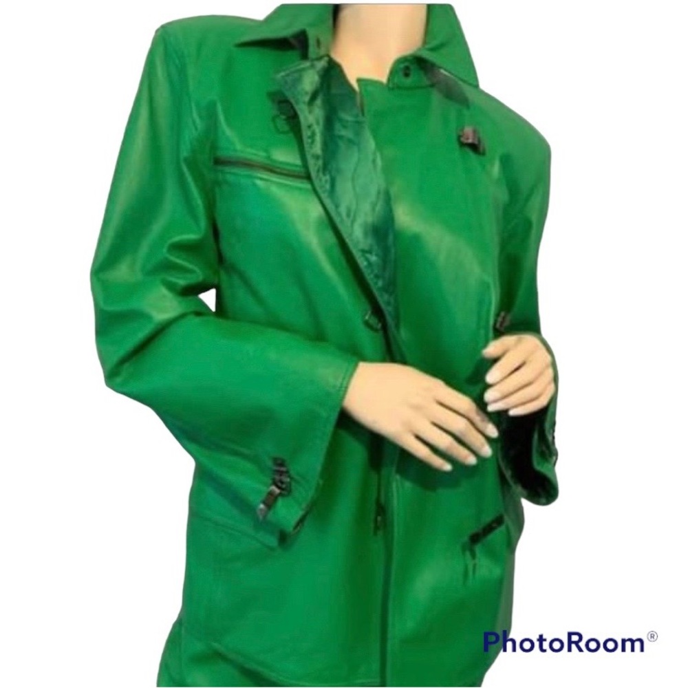 90’s Retro Italian Green Leather Jacket & Leather Skirt Sz Small 4/6